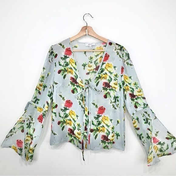 Milly Maggie Rose Print 100% Silk Bell Sleeve Lightweight Blouse - Picture 5 of 16
